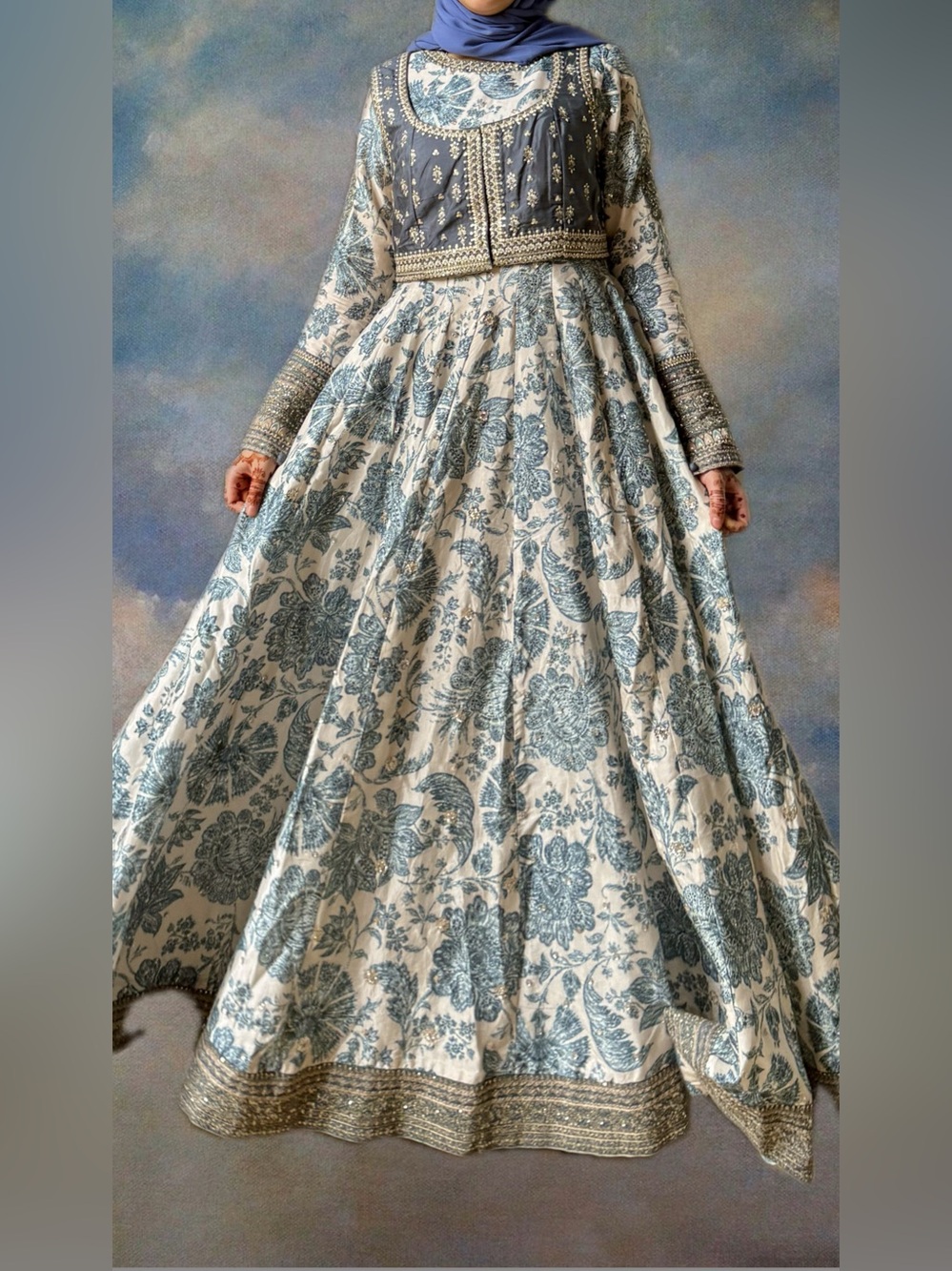 ETHNC Blue and white Embroidered Dress with koti